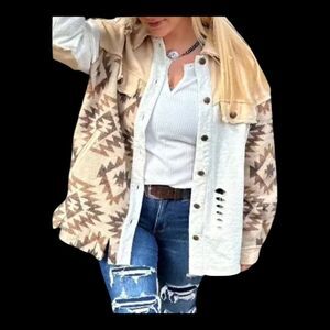 Miss Me Women's Taupe Aztec Button Front Mixed Shacket Small Never Worn